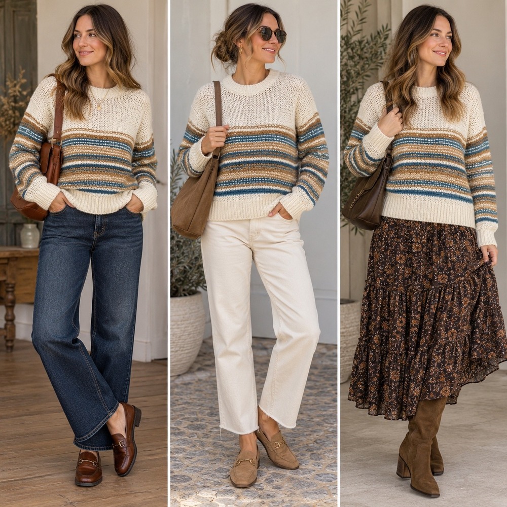 Tu Woman Striped Chunky Knit Sequin Sweater Cream Brown Blue Size 12 UK 8 US